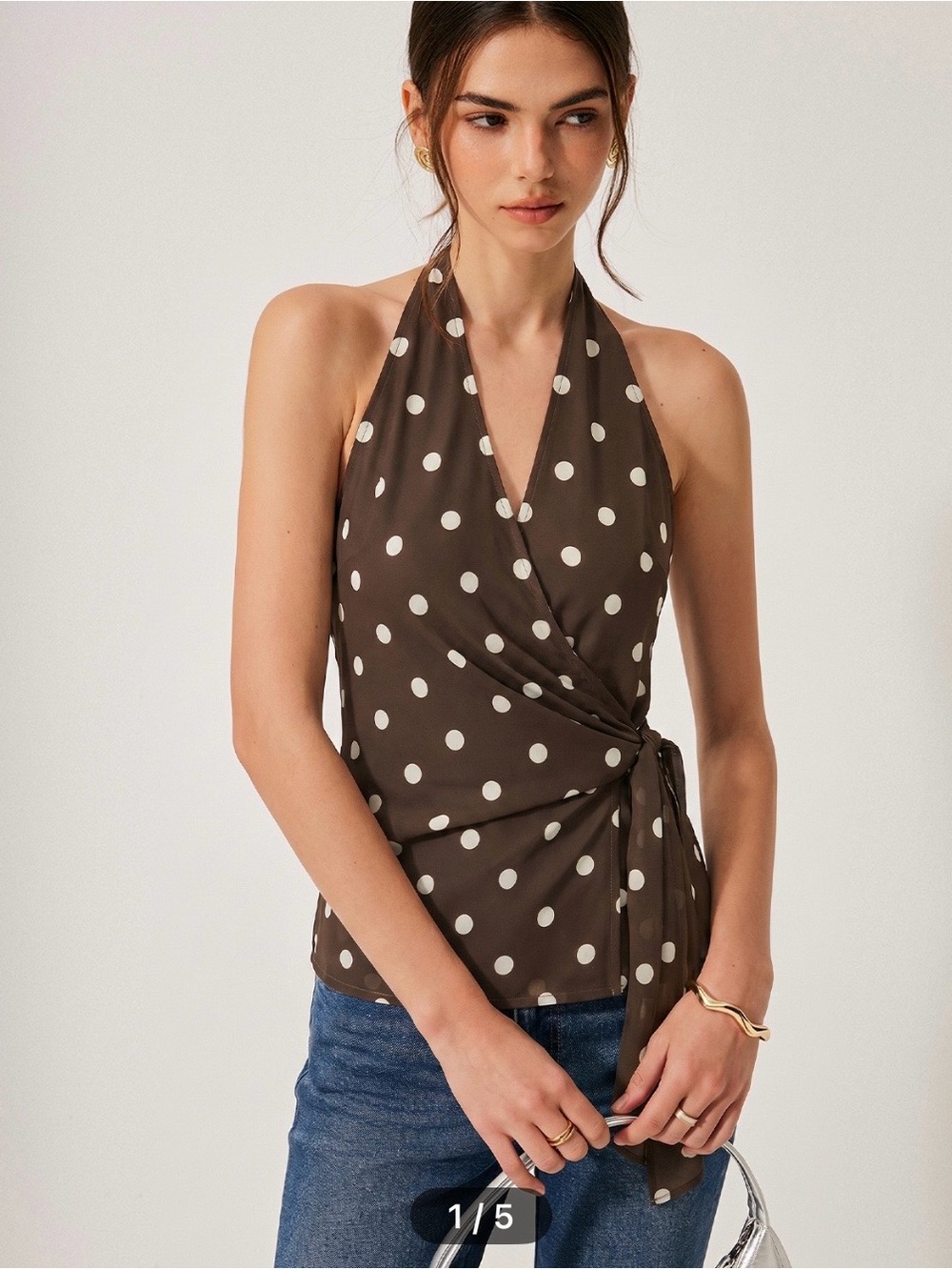 Commense Brown and Ivory Polka Dot Halter Wrap Camisole